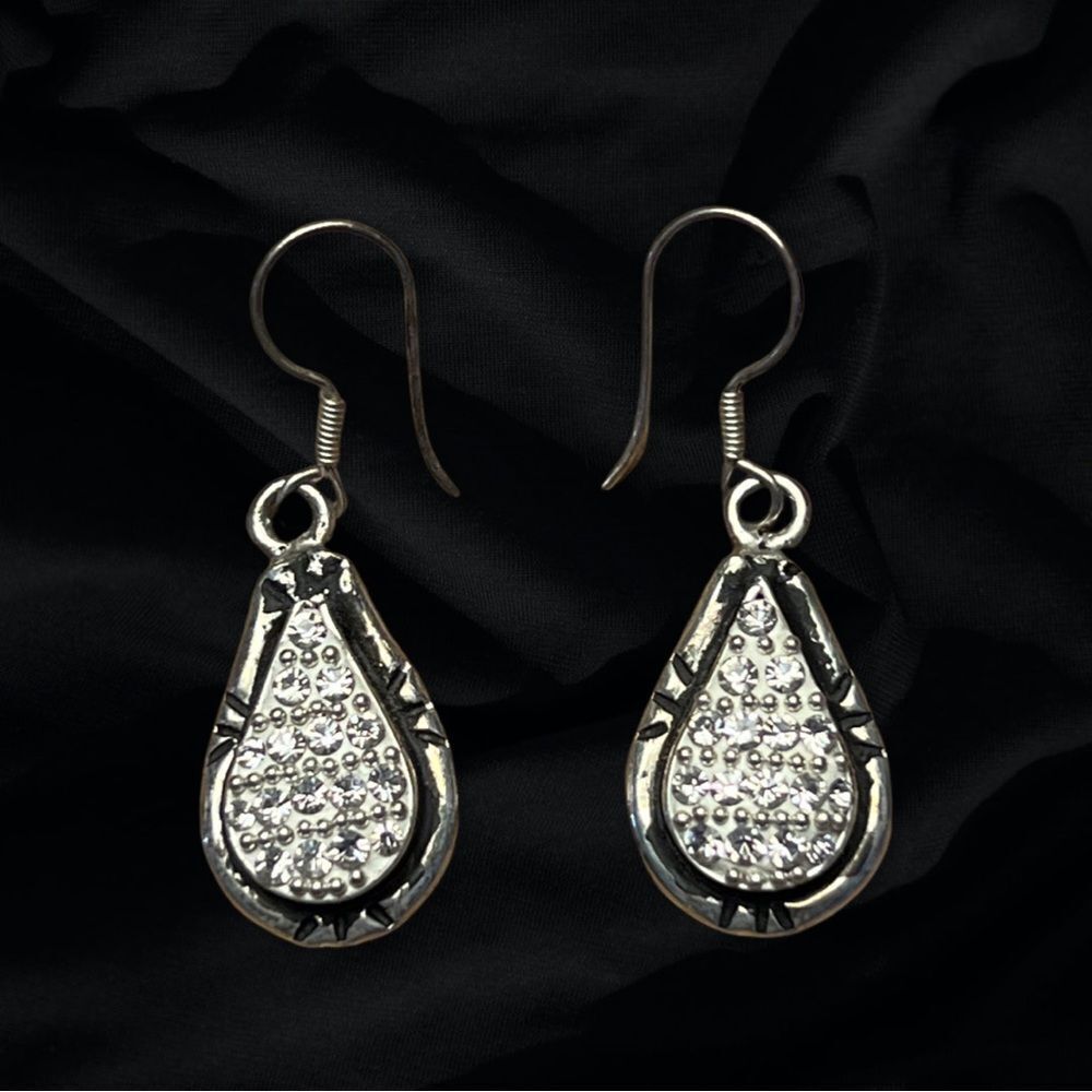 Sterling Silver Tear Drop Pave Diamond Earrings Stamped!